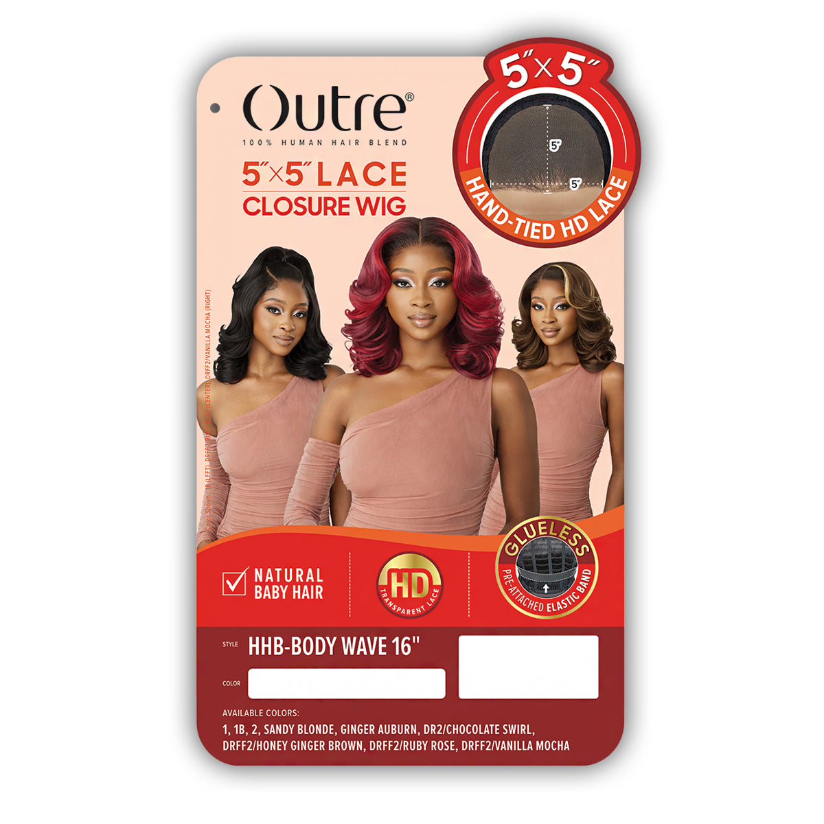 Outre 100% Human Hair Blend 5x5 Glueless HD Lace Closure Wig - HHB BODY WAVE 16