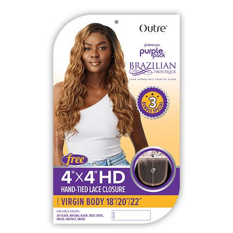 Outre Purple Pack Brazilian Boutique Human Hair Blend Weaving - VIRGIN BODY 4PCS (18\/20\/22 + 4X4 HD lace closure)